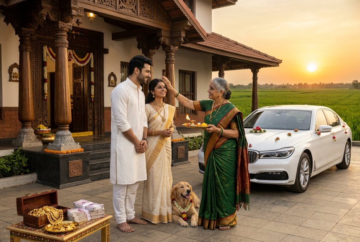 South Indian Mother and Child in Front of Traditional Home