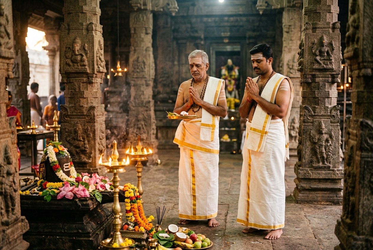 South Indian Father and Child in Temple Prayer